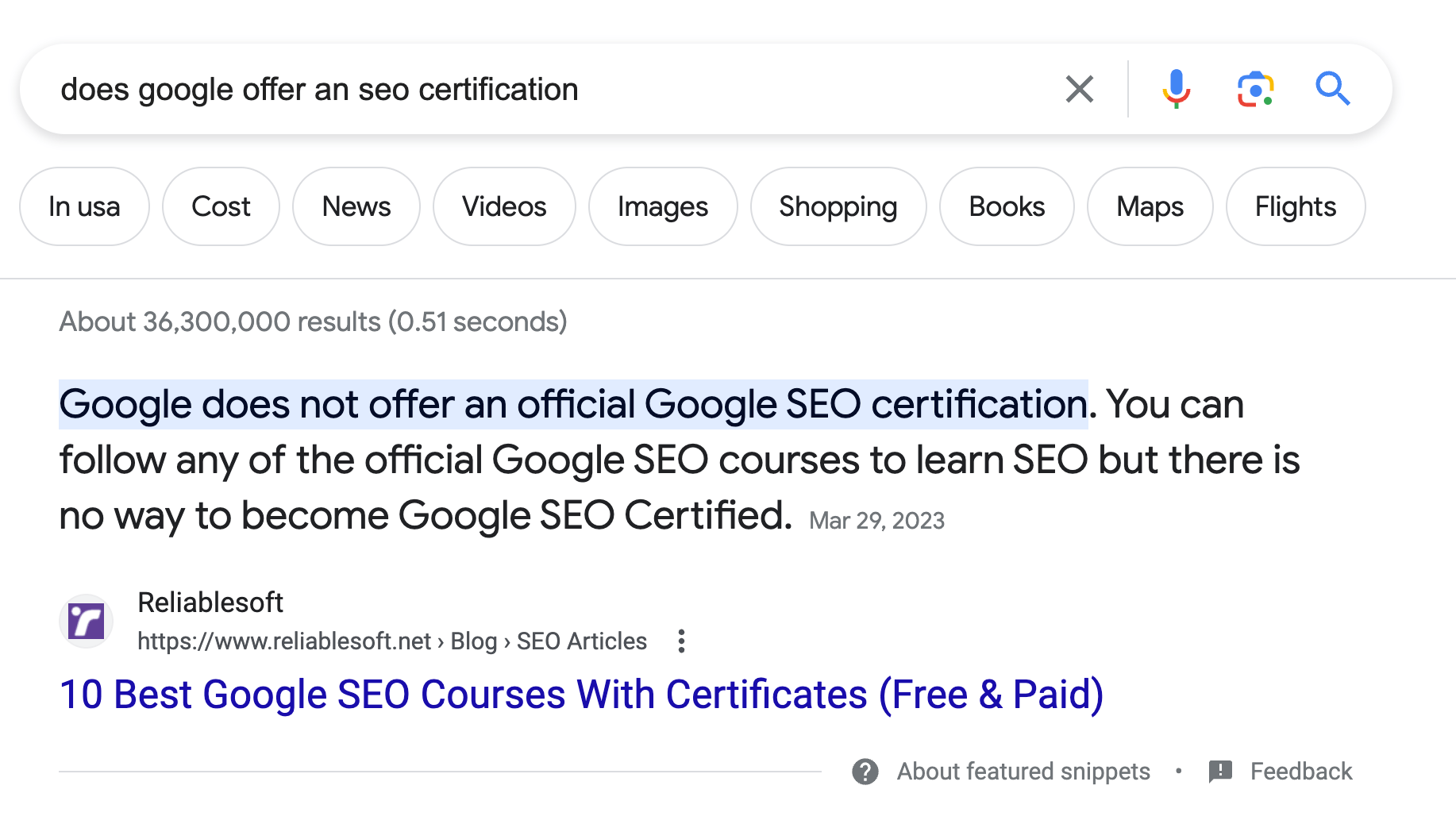 Google Featured Snippet Example