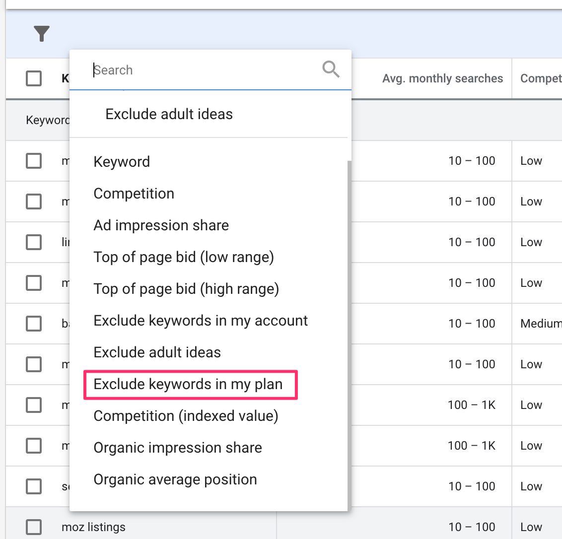 Exclude Keywords Already in Plan