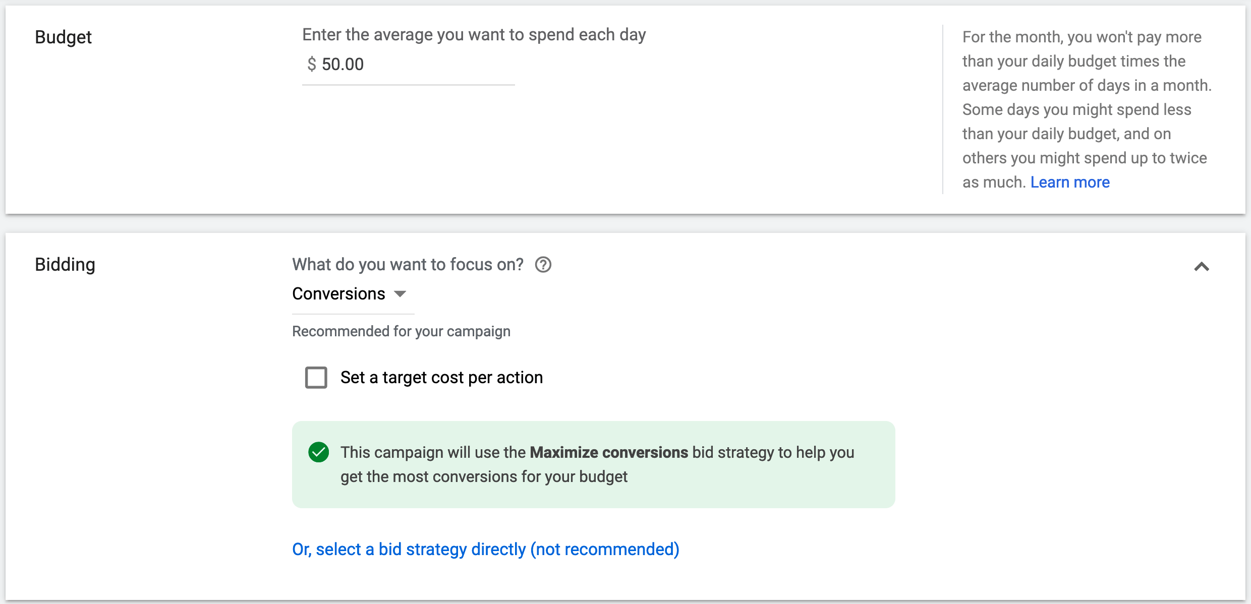 Set your campaign budget and bidding strategy.