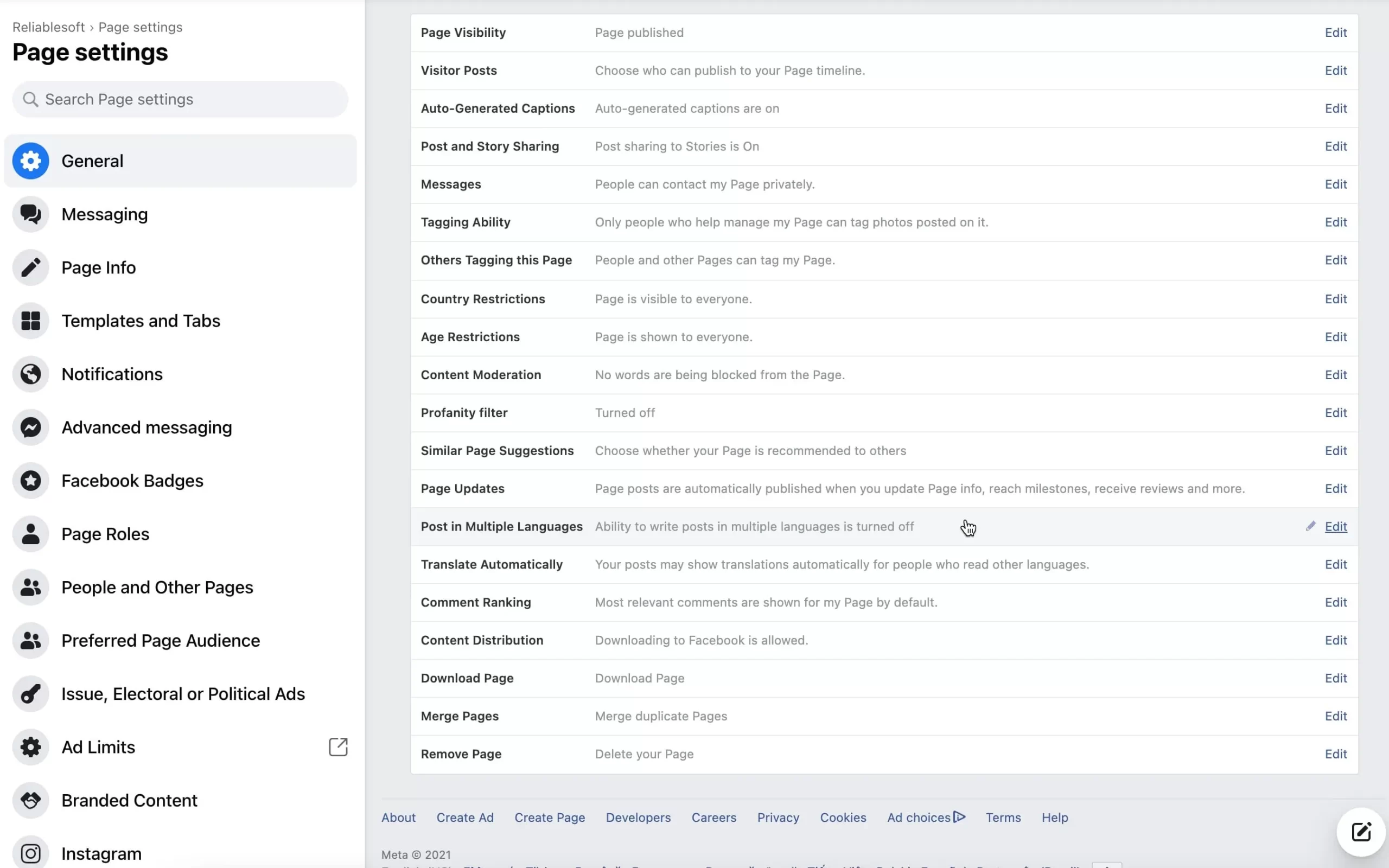 edit business page settings