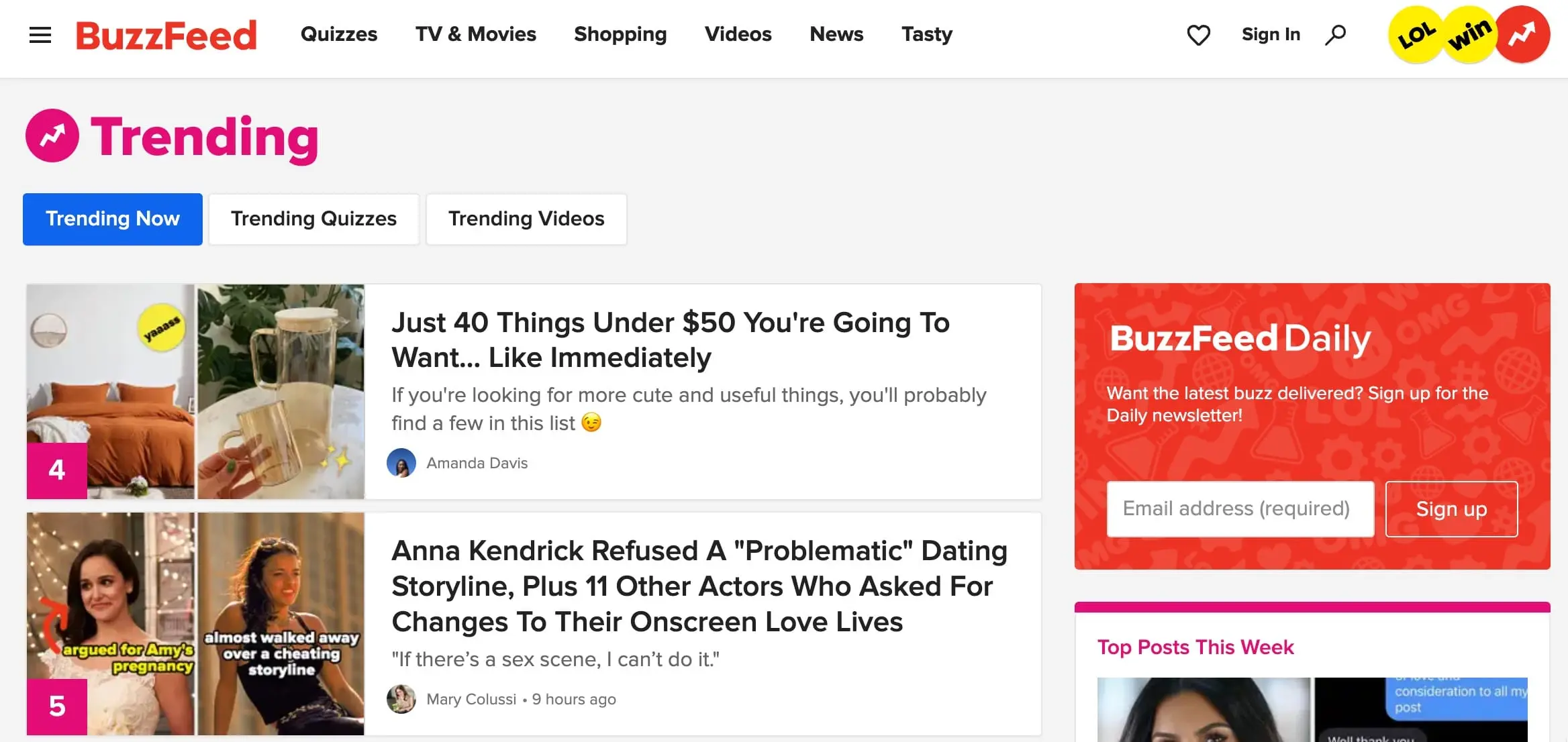 BuzzFeed Trending Topics Page.