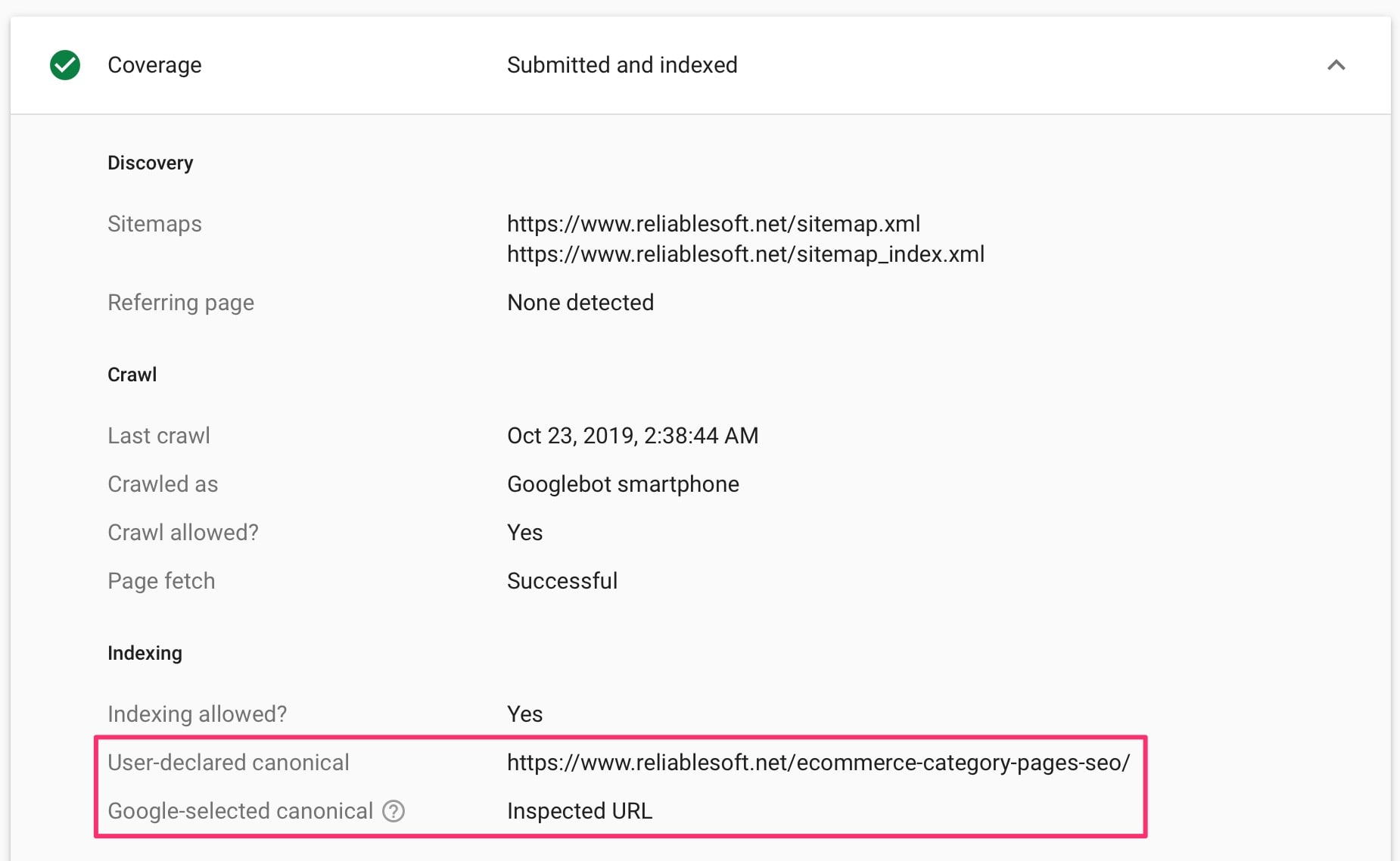 Find Canonical URL using URL Inspection Tool