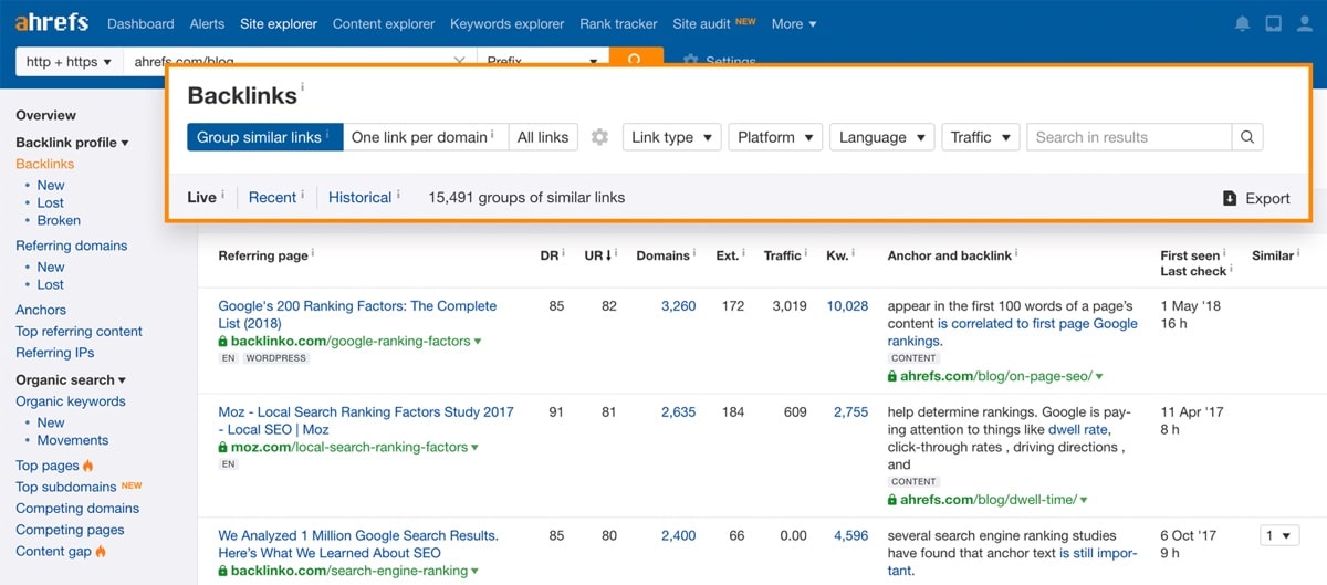 Ahrefs - Backlinks Report