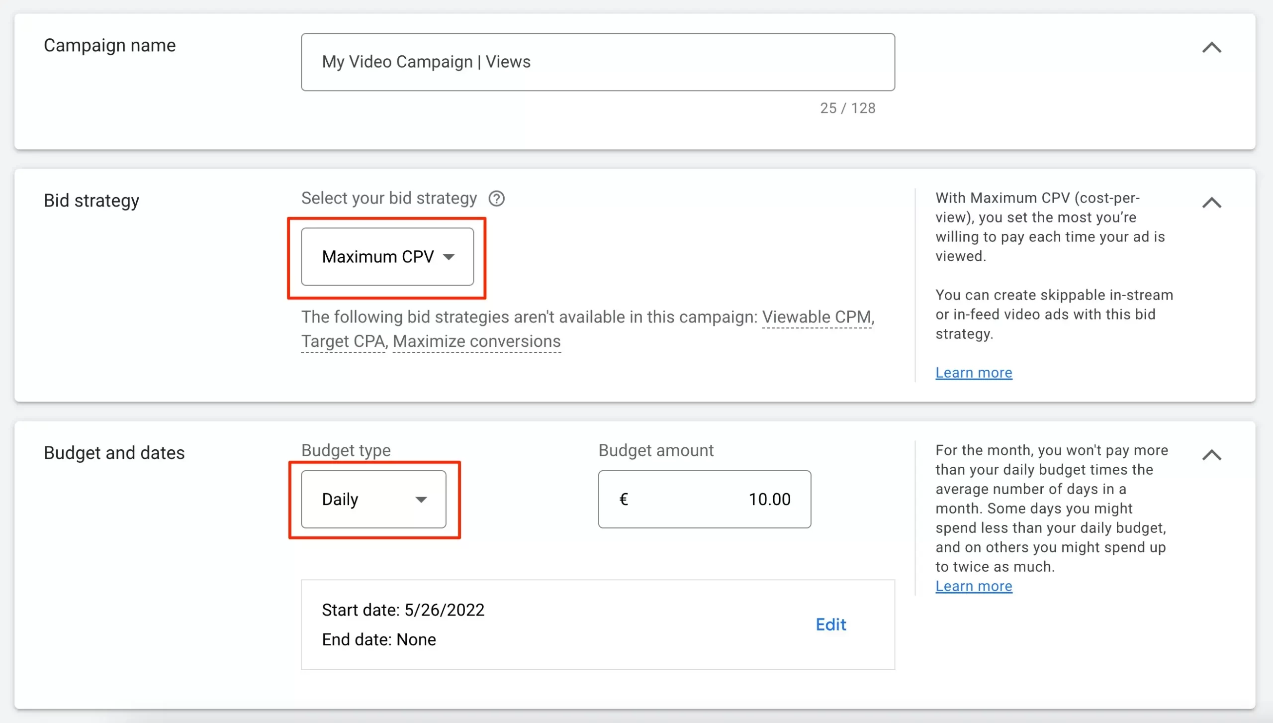 Select Bid Strategy and Budget